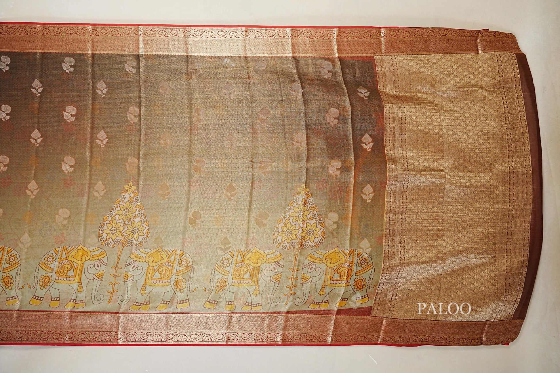 Dual Tone Pastel Green with Antique Gold Mysore Silk Saree paloo