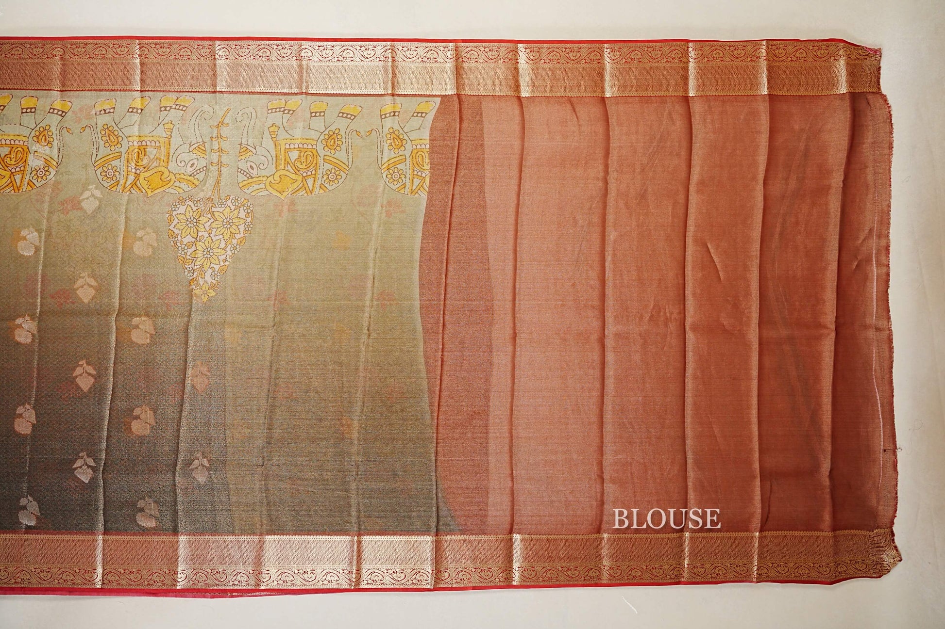 Dual Tone Pastel Green with Antique Gold Mysore Silk Saree blouse