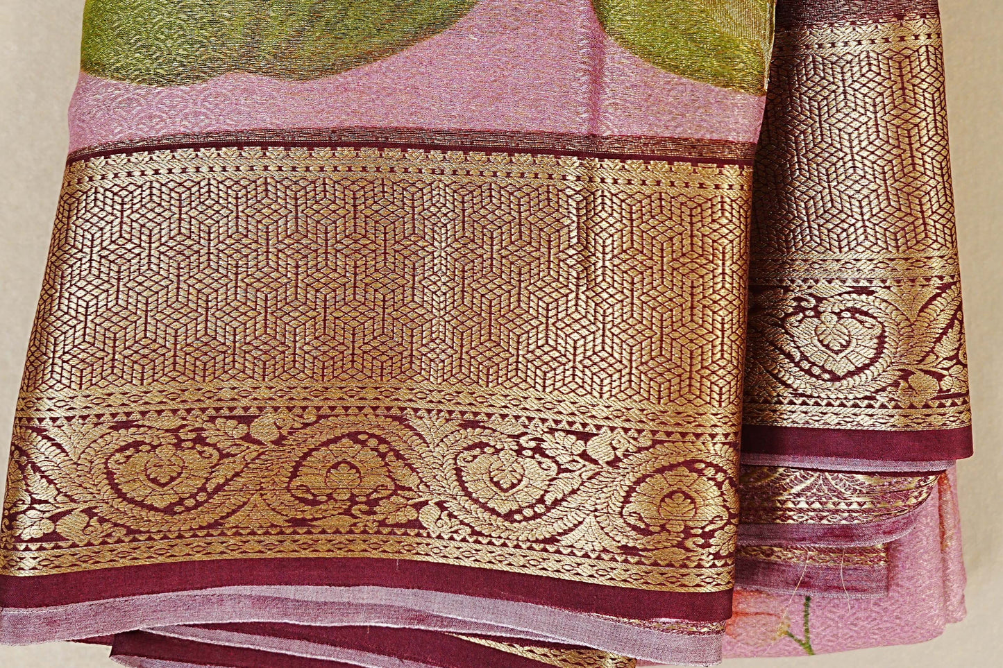Dual Tone Pastel Pink with Antique Gold Mysore Silk Saree  border zoom