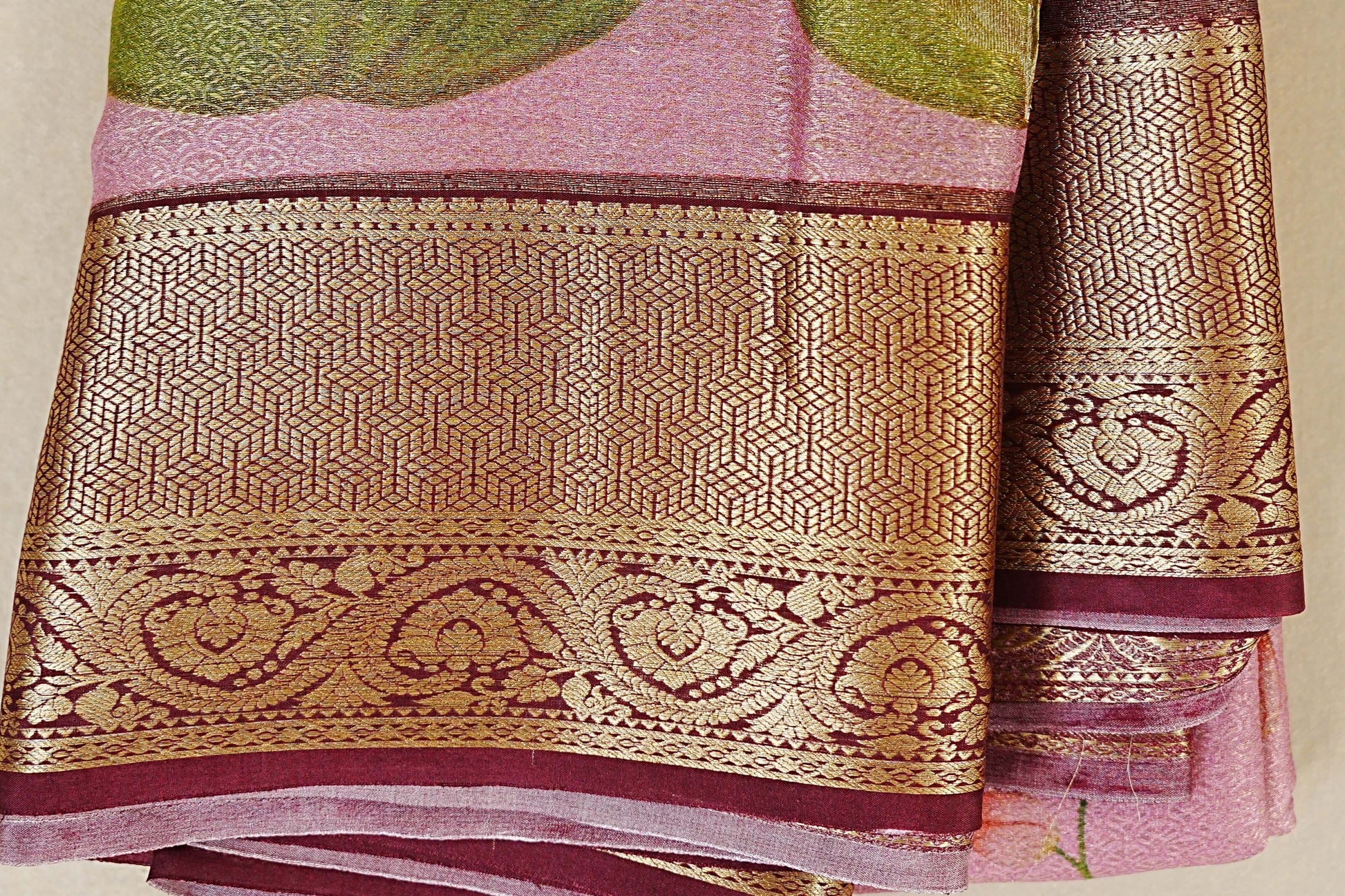 Dual Tone Pastel Pink with Antique Gold Mysore Silk Saree  border zoom