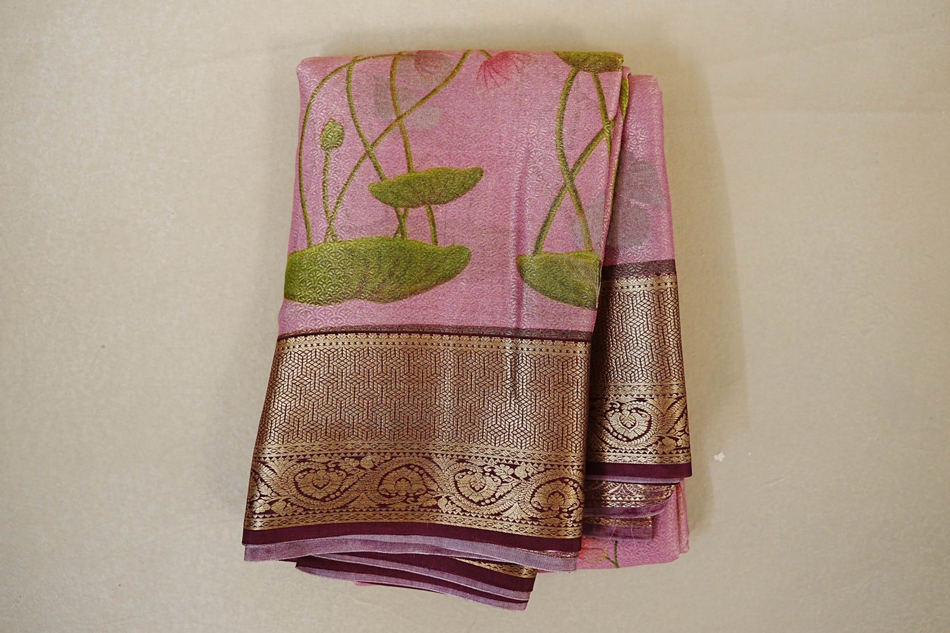folded Dual Tone Pastel Pink with Antique Gold Mysore Silk Saree 