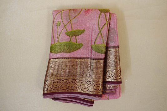 folded Dual Tone Pastel Pink with Antique Gold Mysore Silk Saree 