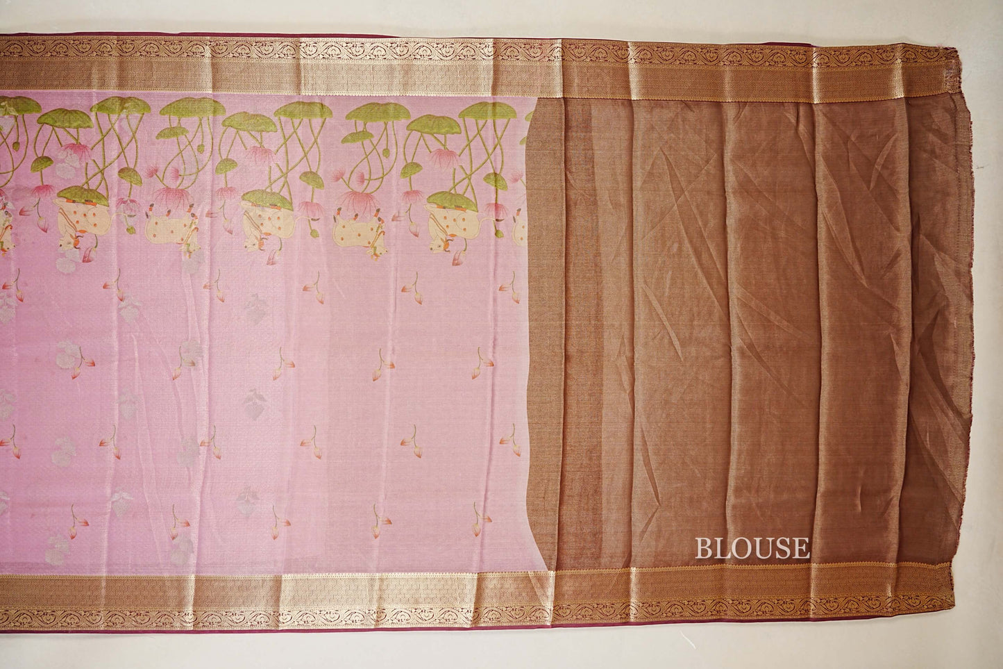 Dual Tone Pastel Pink with Antique Gold Mysore Silk Saree  blouse