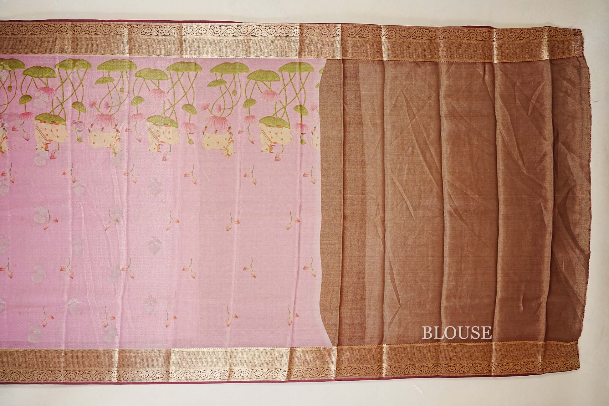 Dual Tone Pastel Pink with Antique Gold Mysore Silk Saree  blouse
