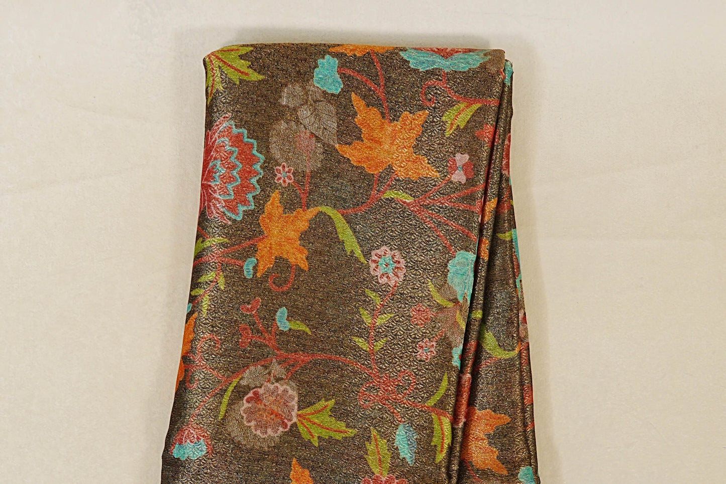 Charcoal Brown with Multi Color Floral with Black Borders Mysore Silk Saree body zoom