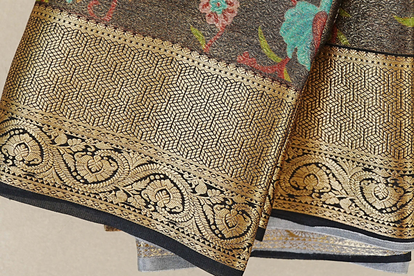 Charcoal Brown with Multi Color Floral with Black Borders Mysore Silk Saree border zoom