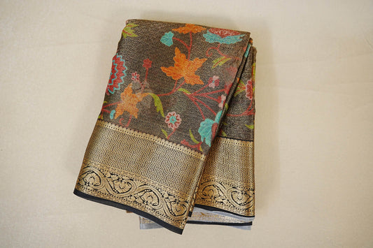Folded Charcoal Brown with Multi Color Floral with Black Borders Mysore Silk Saree
