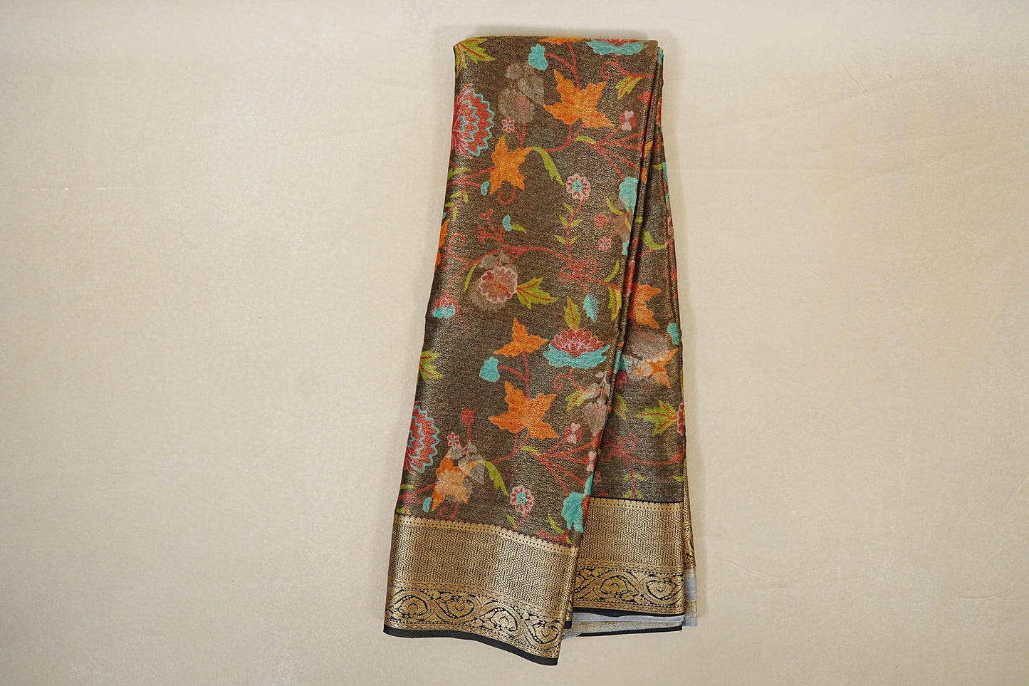 Charcoal Brown with Multi Color Floral with Black Borders Mysore Silk Saree online