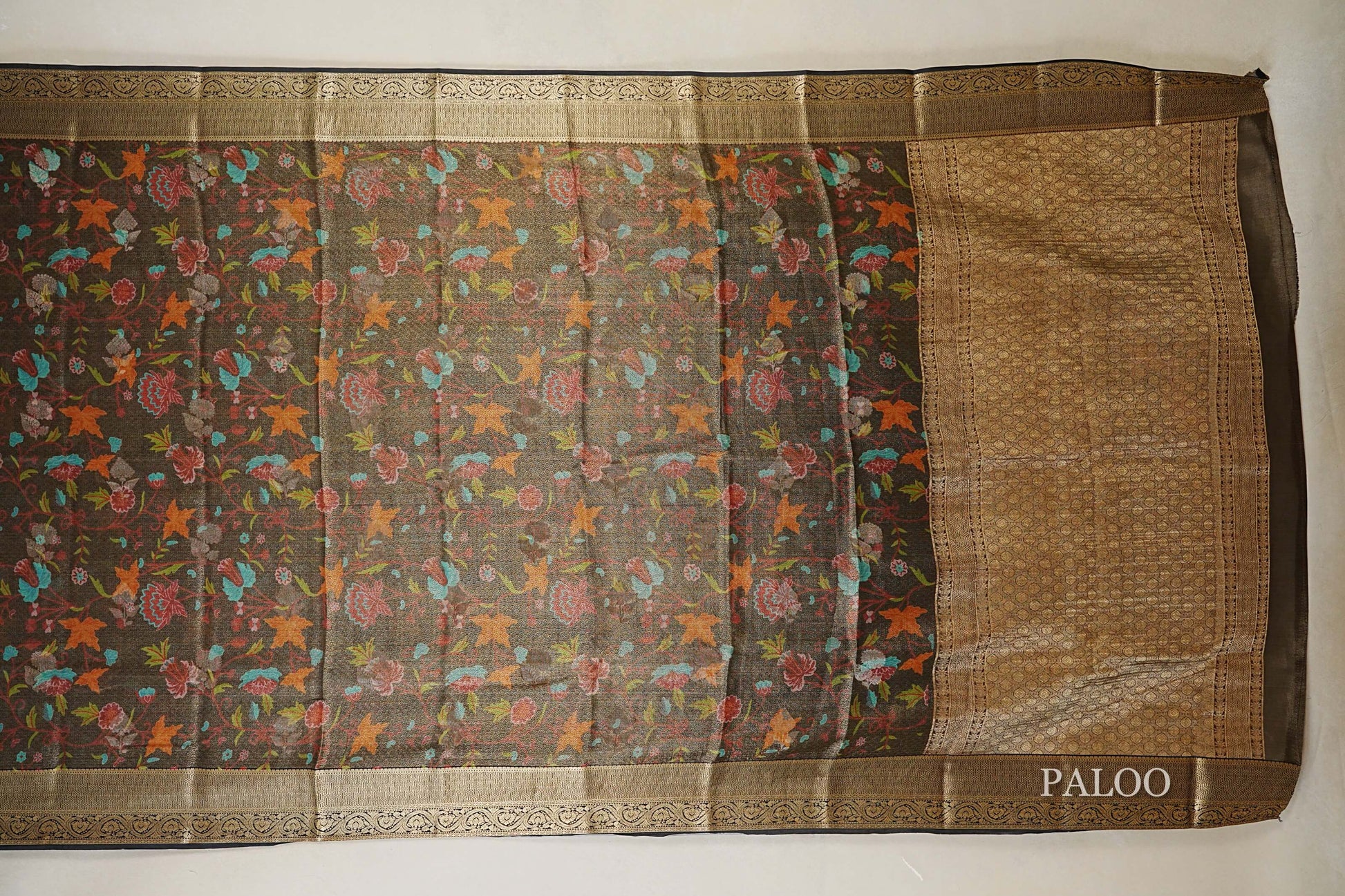 Charcoal Brown with Multi Color Floral with Black Borders Mysore Silk Saree paloo