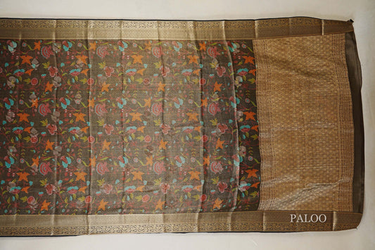 Charcoal Brown with Multi Color Floral with Black Borders Mysore Silk Saree paloo