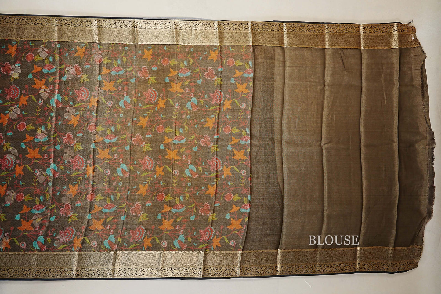 Charcoal Brown with Multi Color Floral with Black Borders Mysore Silk Saree blouse