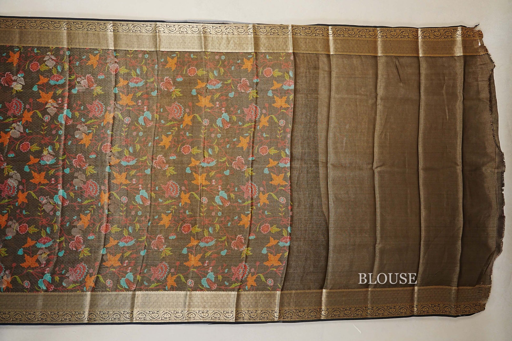 Charcoal Brown with Multi Color Floral with Black Borders Mysore Silk Saree blouse