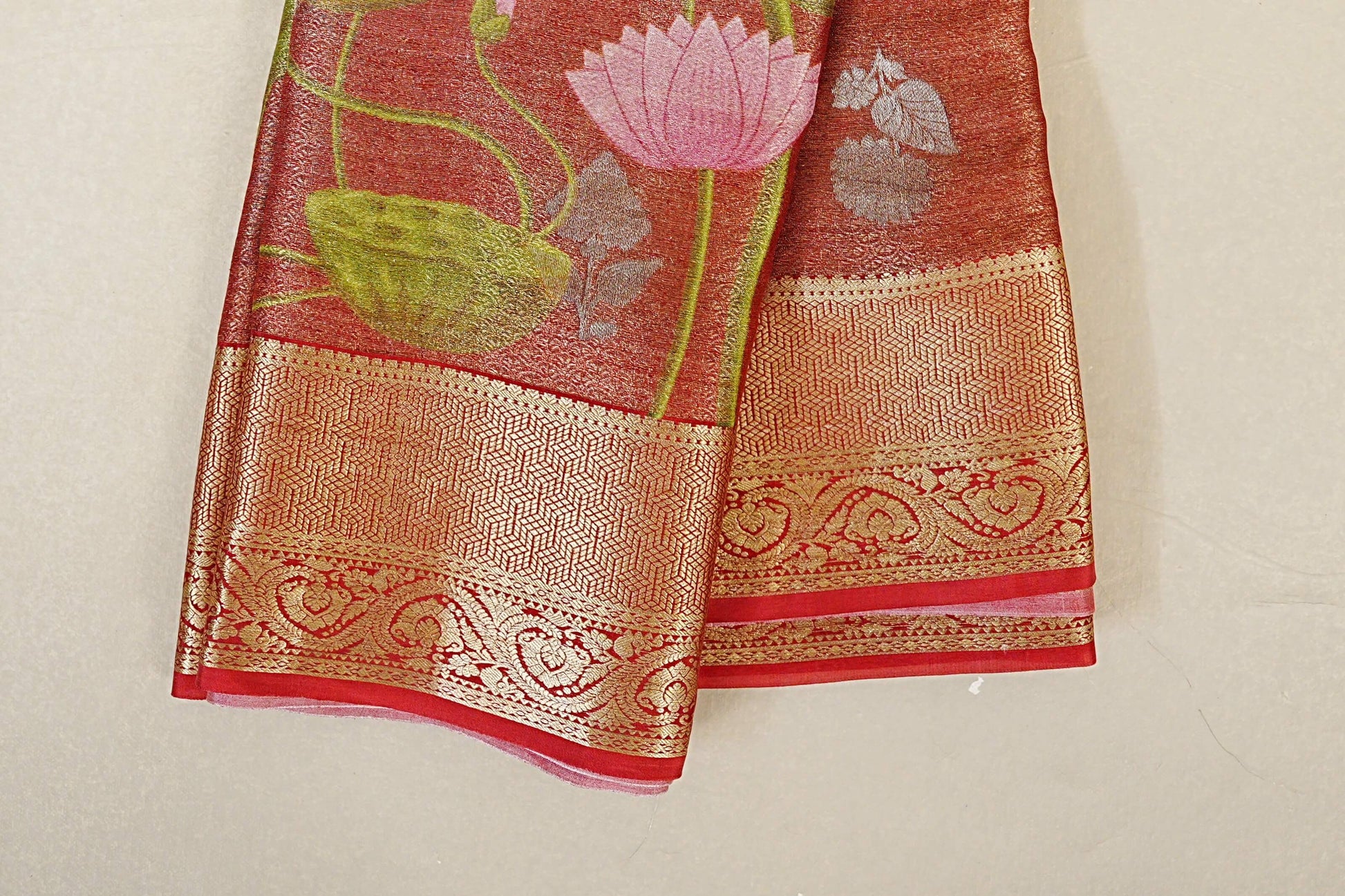 Dual Tone Red with Antique Gold with Red Borders Mysore Silk Saree border zoom