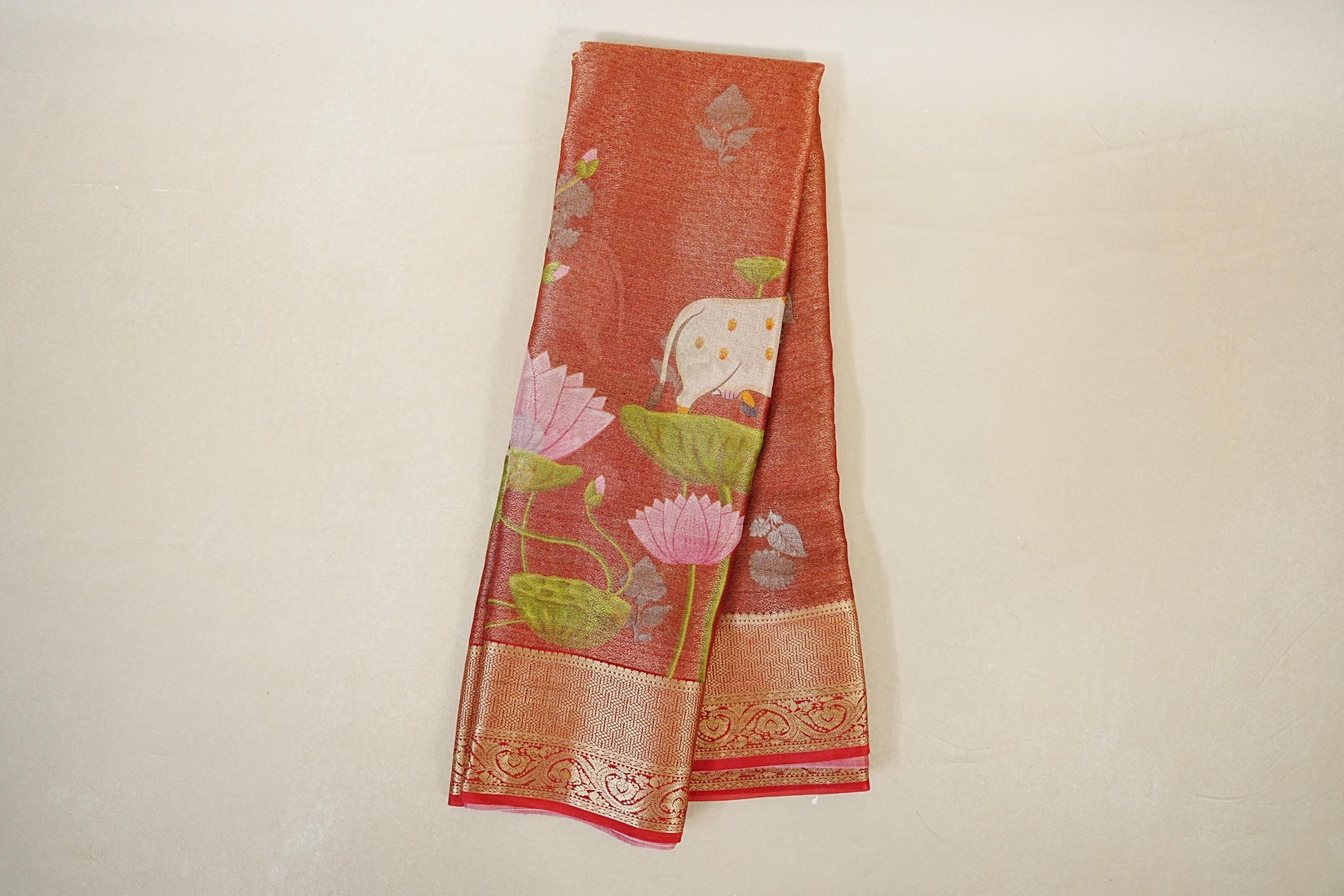 Dual Tone Red with Antique Gold with Red Borders Mysore Silk Saree online