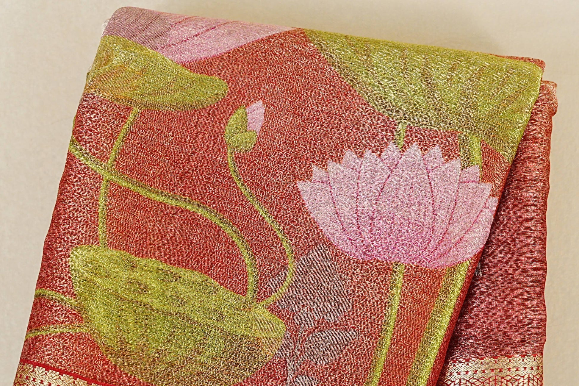 Dual Tone Red with Antique Gold with Red Borders Mysore Silk Saree body zoom