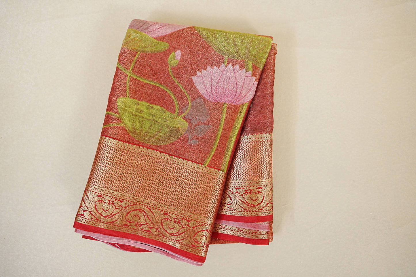 Folded Dual Tone Red with Antique Gold with Red Borders Mysore Silk Saree
