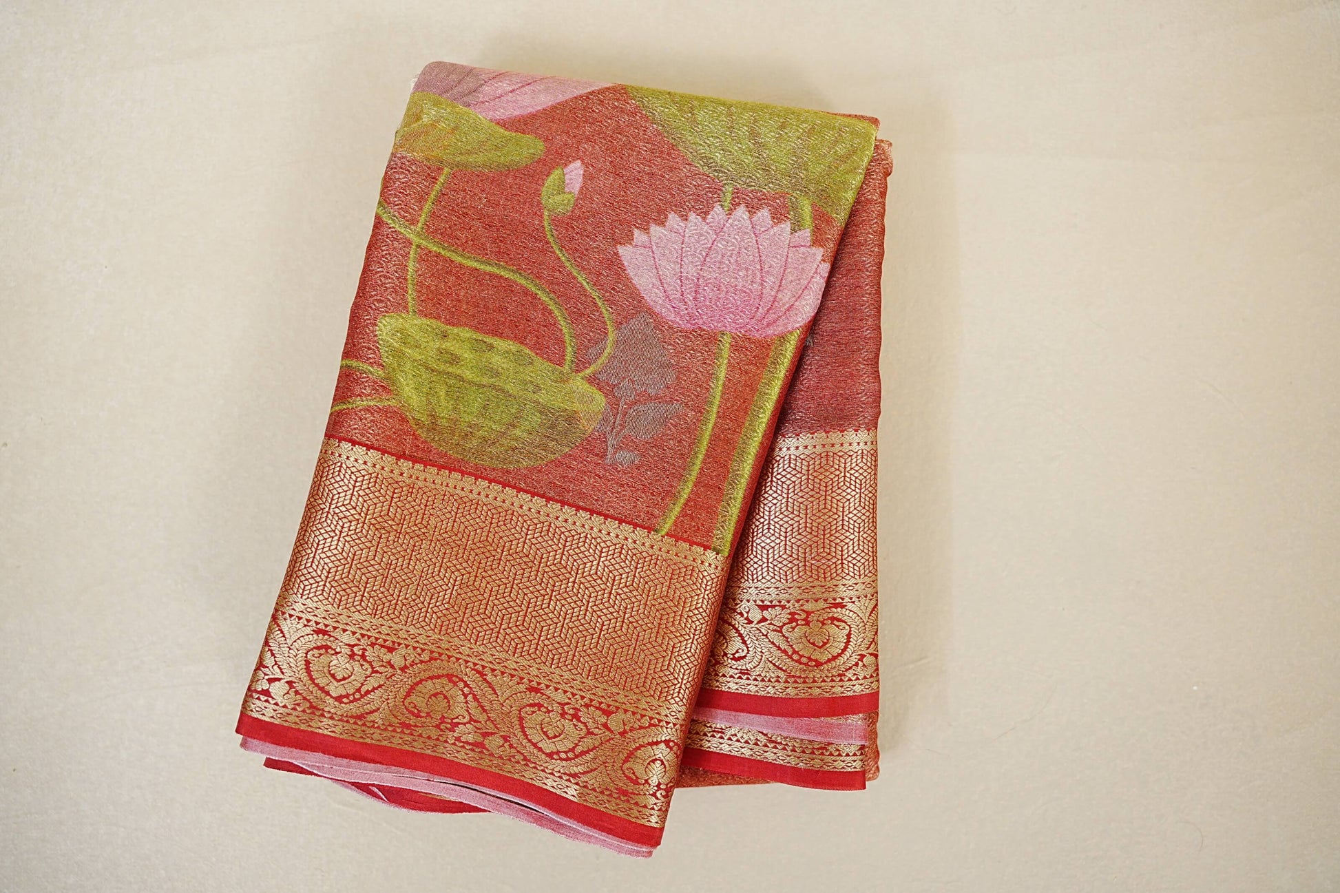 Folded Dual Tone Red with Antique Gold with Red Borders Mysore Silk Saree