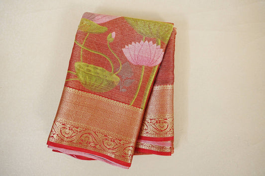 Folded Dual Tone Red with Antique Gold with Red Borders Mysore Silk Saree