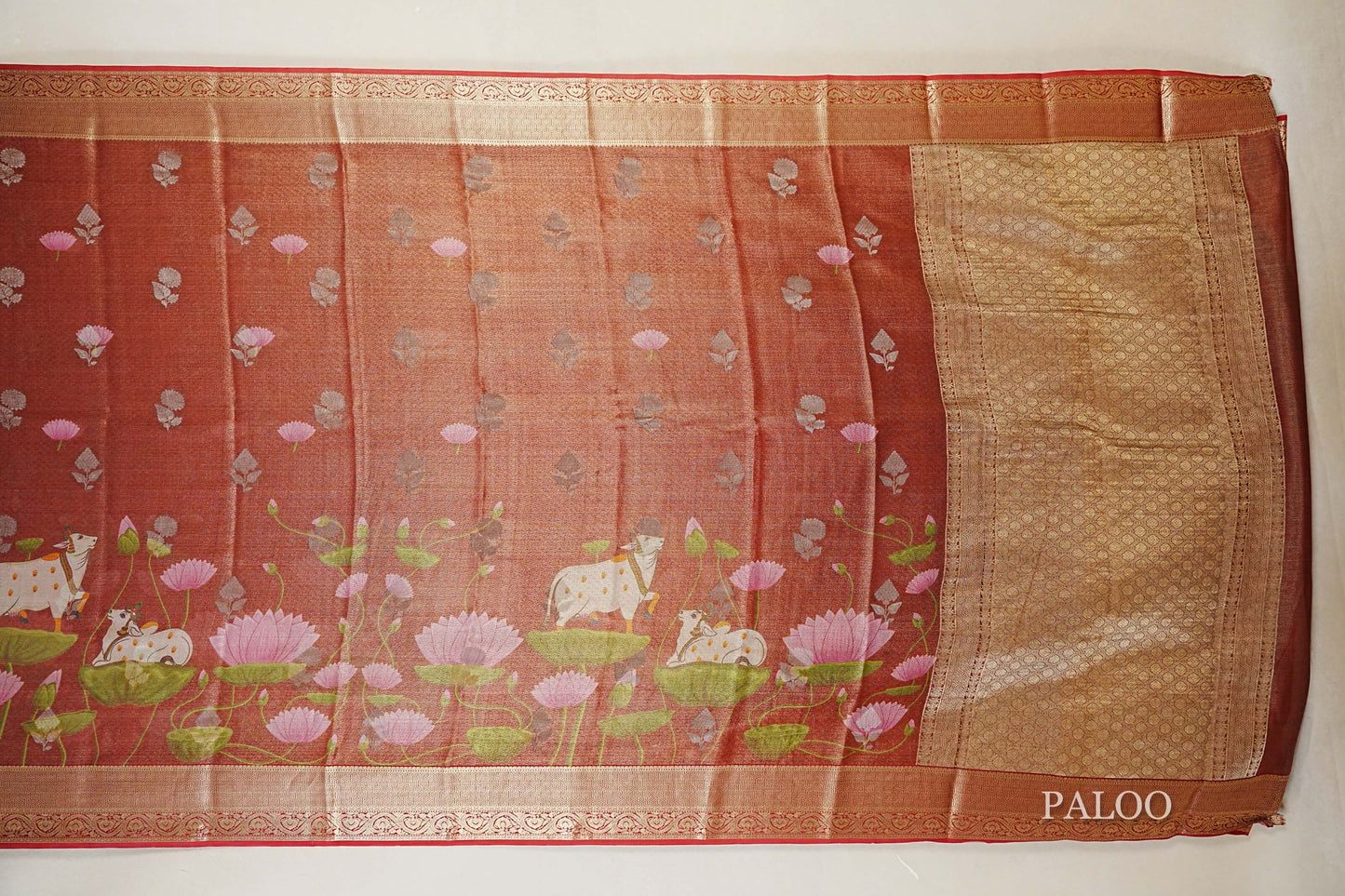 Dual Tone Red with Antique Gold with Red Borders Mysore Silk Saree paloo