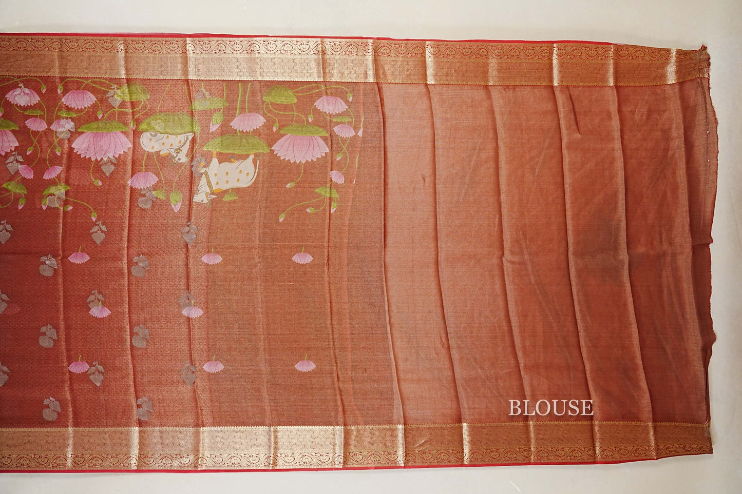 Dual Tone Red with Antique Gold with Red Borders Mysore Silk Saree blouse