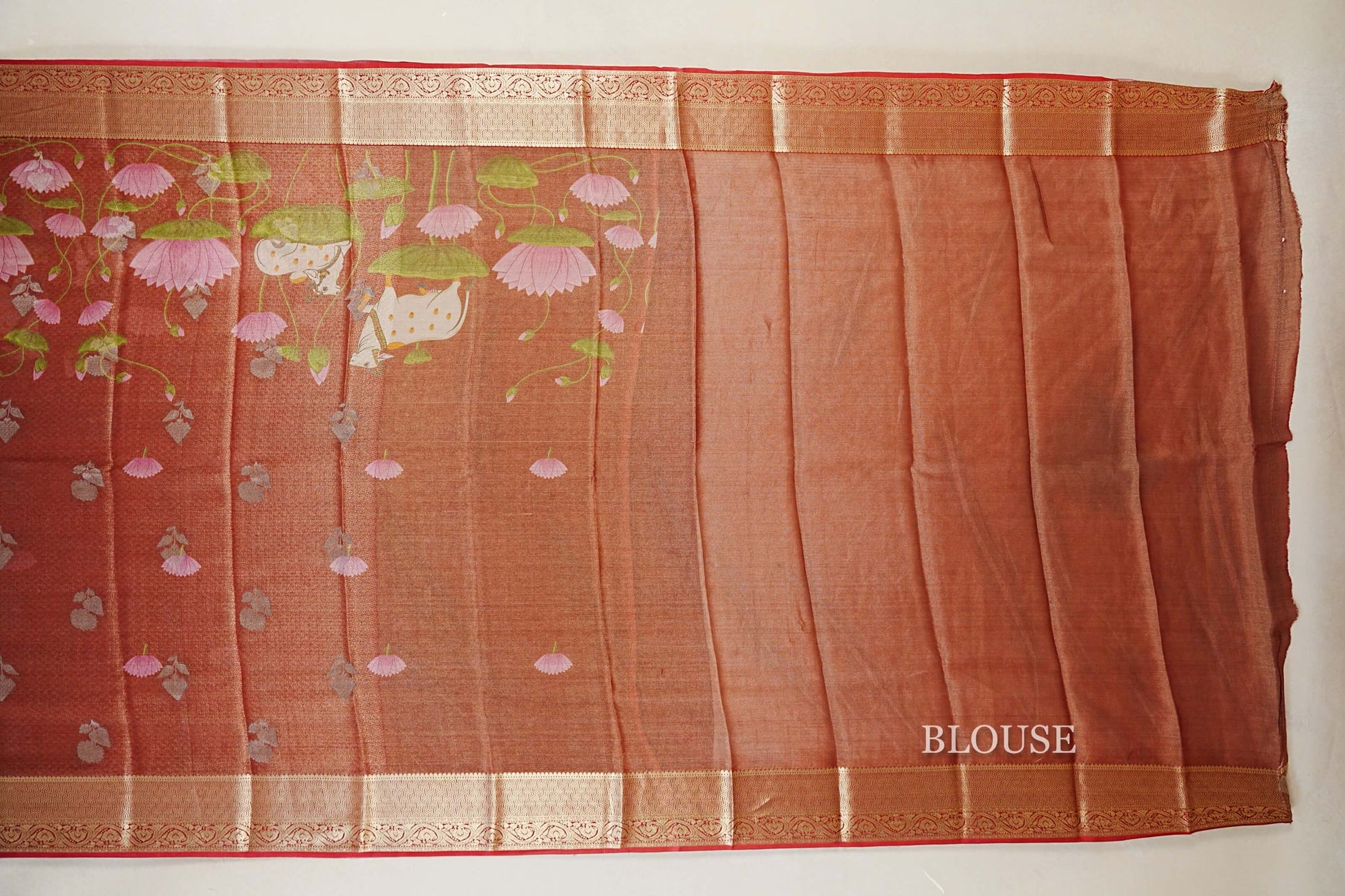 Dual Tone Red with Antique Gold with Red Borders Mysore Silk Saree blouse