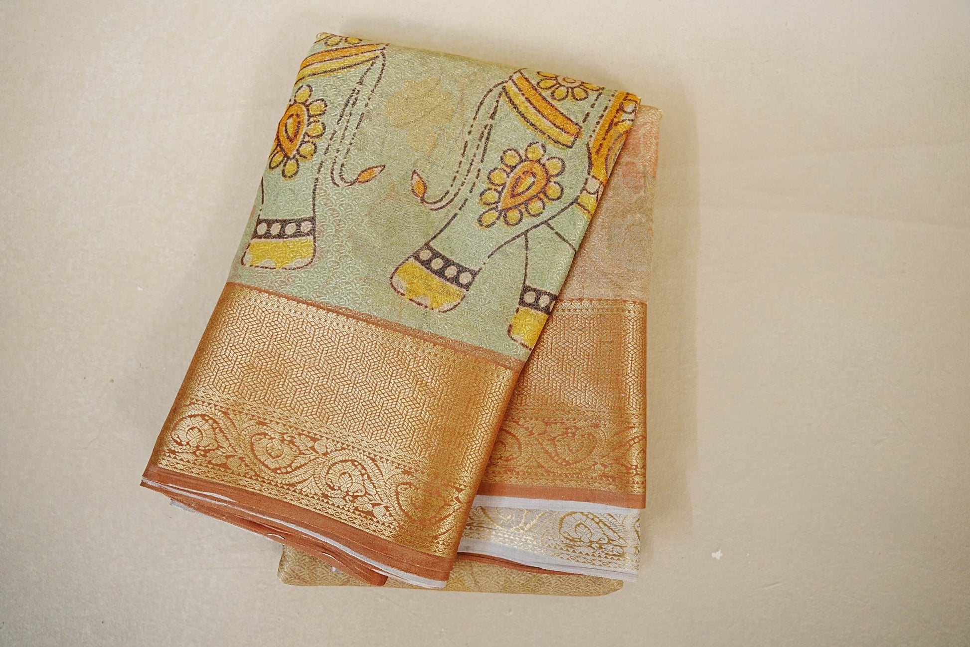Folded Dual Tone Pastel Mint Green with Antique Gold Mysore Silk Saree 