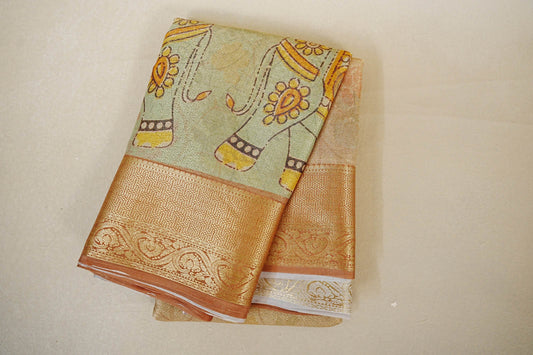 Folded Dual Tone Pastel Mint Green with Antique Gold Mysore Silk Saree 
