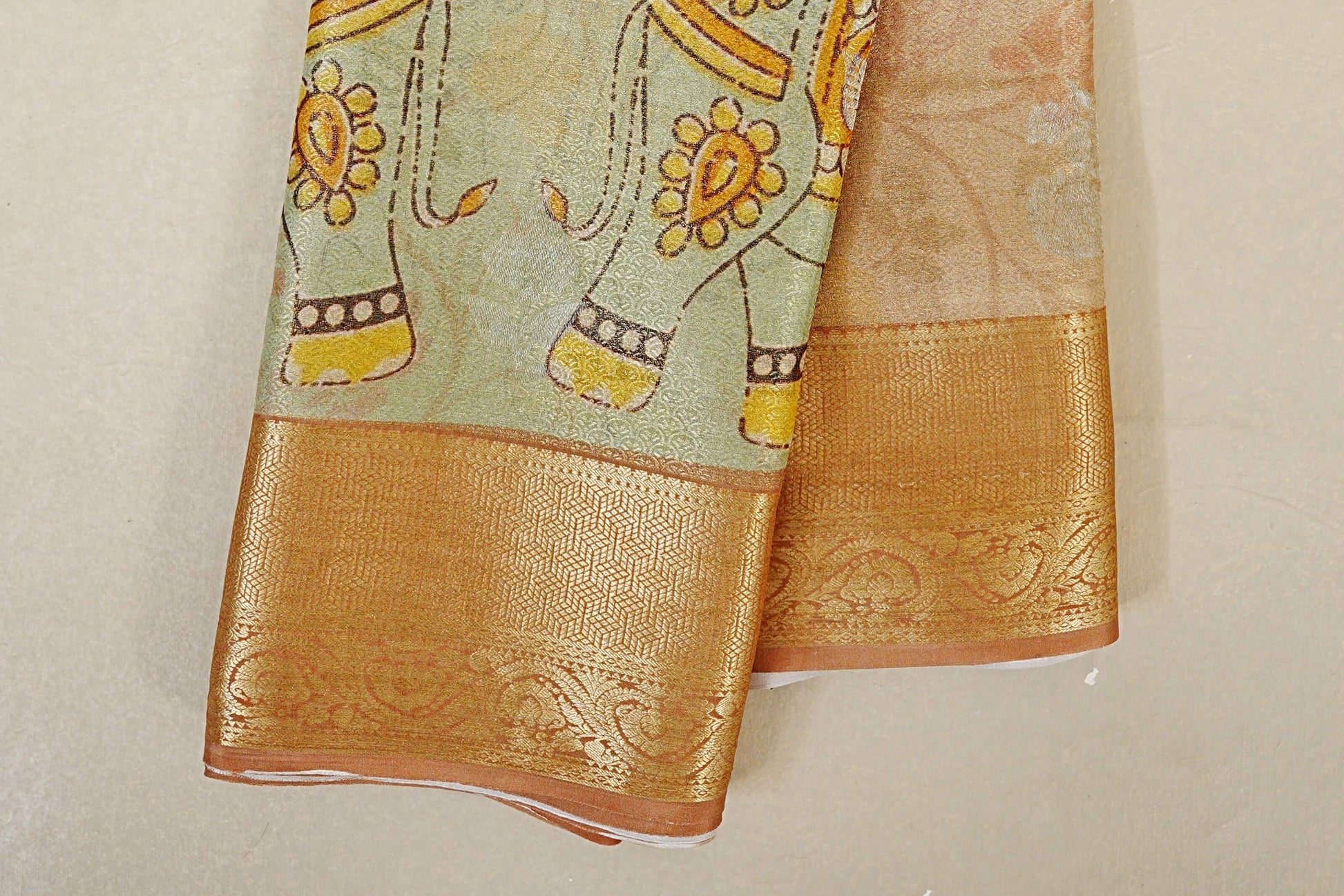 Dual Tone Pastel Mint Green with Antique Gold Mysore Silk Saree  border zoom