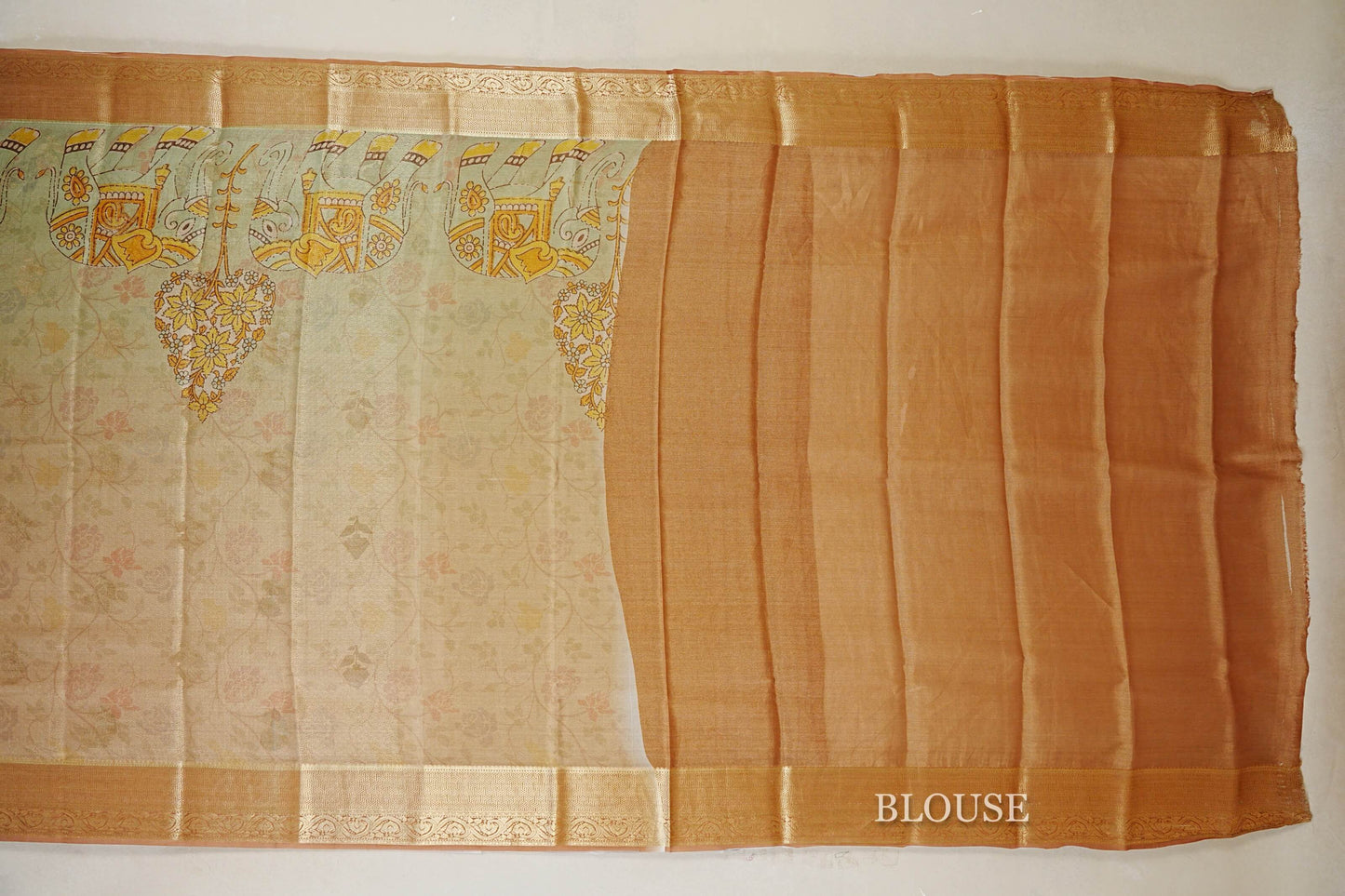 Dual Tone Pastel Mint Green with Antique Gold Mysore Silk Saree  blouse