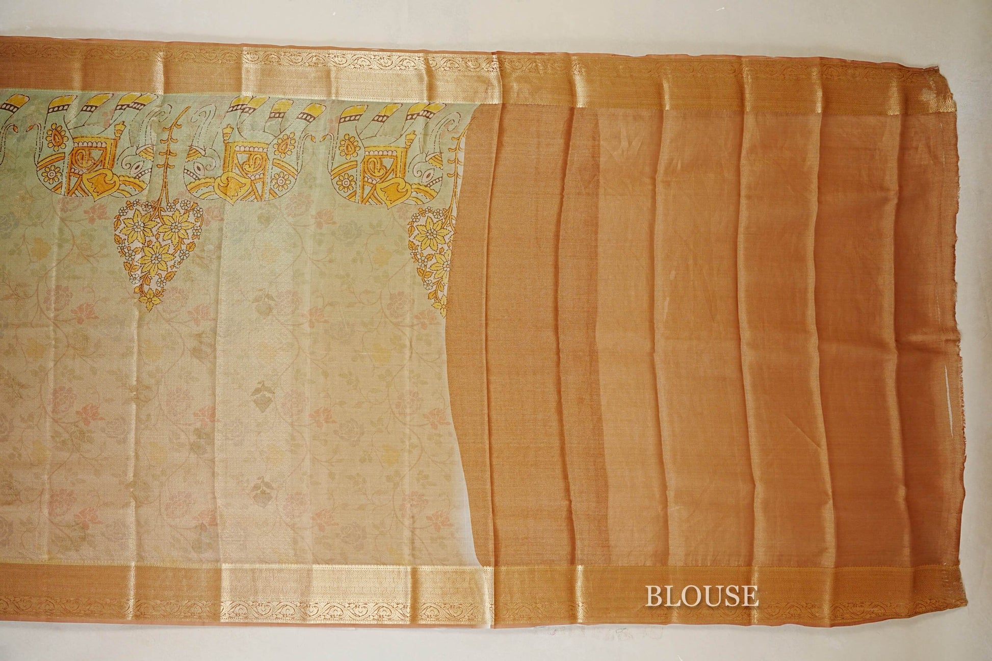 Dual Tone Pastel Mint Green with Antique Gold Mysore Silk Saree  blouse