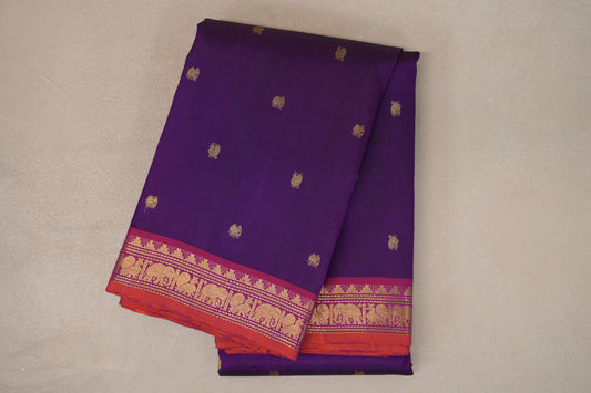 Deep Violet with Magenta & Orange Selvedge Borders Vintage Kanjivaram Silk Saree