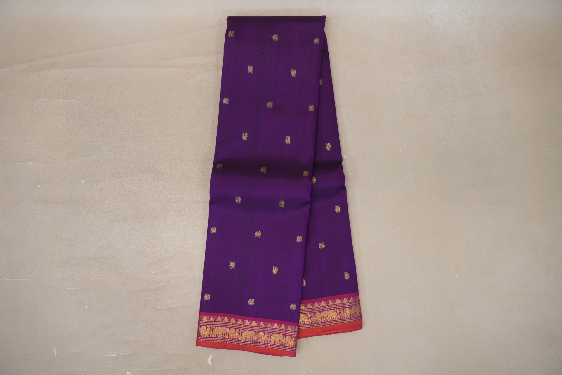 Online Deep Violet with Magenta & Orange Selvedge Borders Vintage Kanjivaram Silk Saree