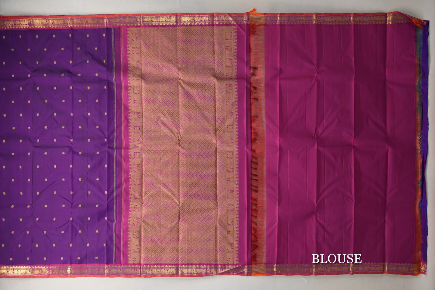 Deep Violet with Magenta & Orange Selvedge Borders Vintage Kanjivaram Silk Saree blouse