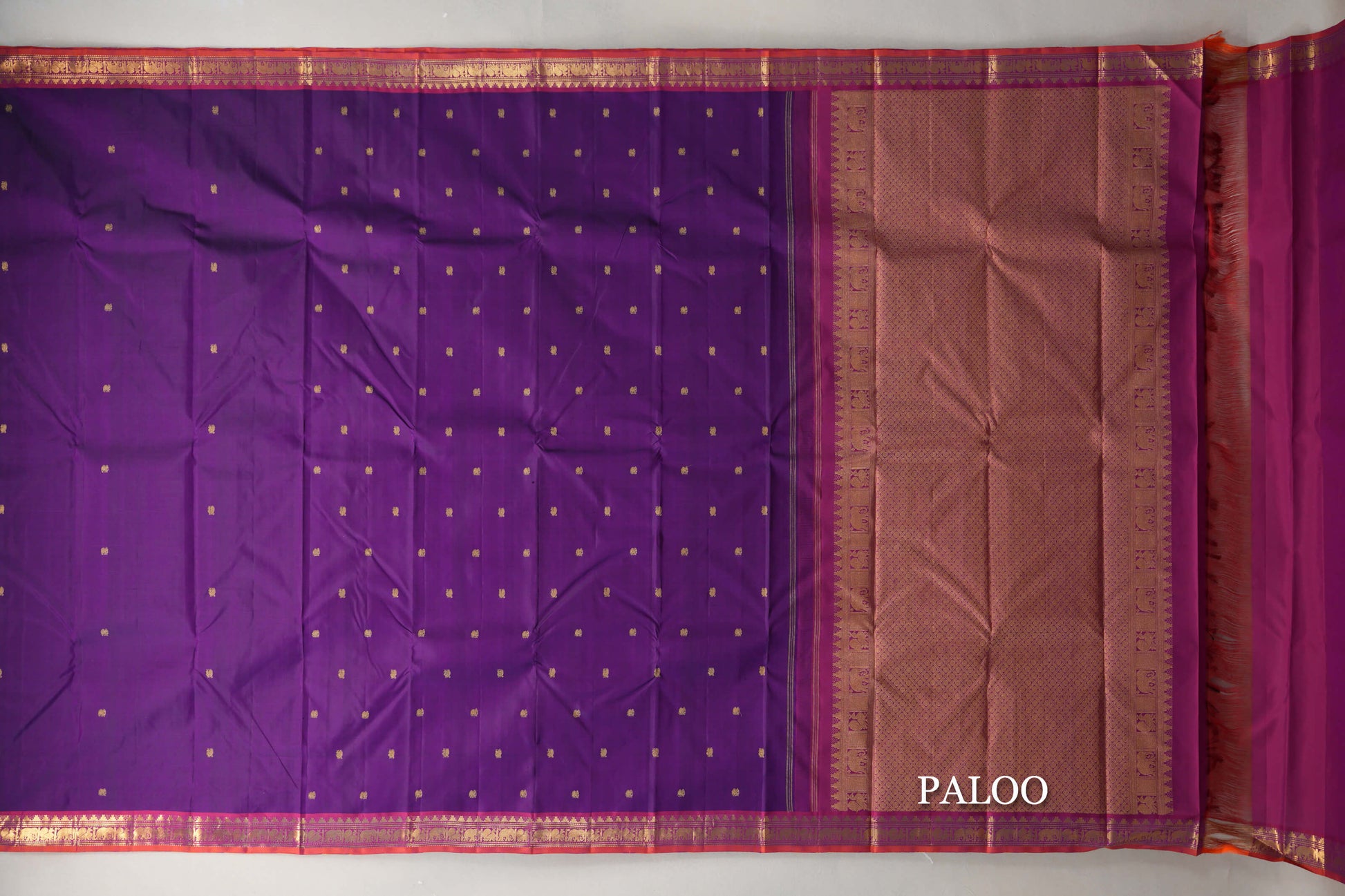 Deep Violet with Magenta & Orange Selvedge Borders Vintage Kanjivaram Silk Saree paloo