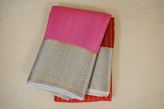 folded Dual Tone Deep Pink and Rust with Light Sky Blue Borders Mysore Silk Saree 