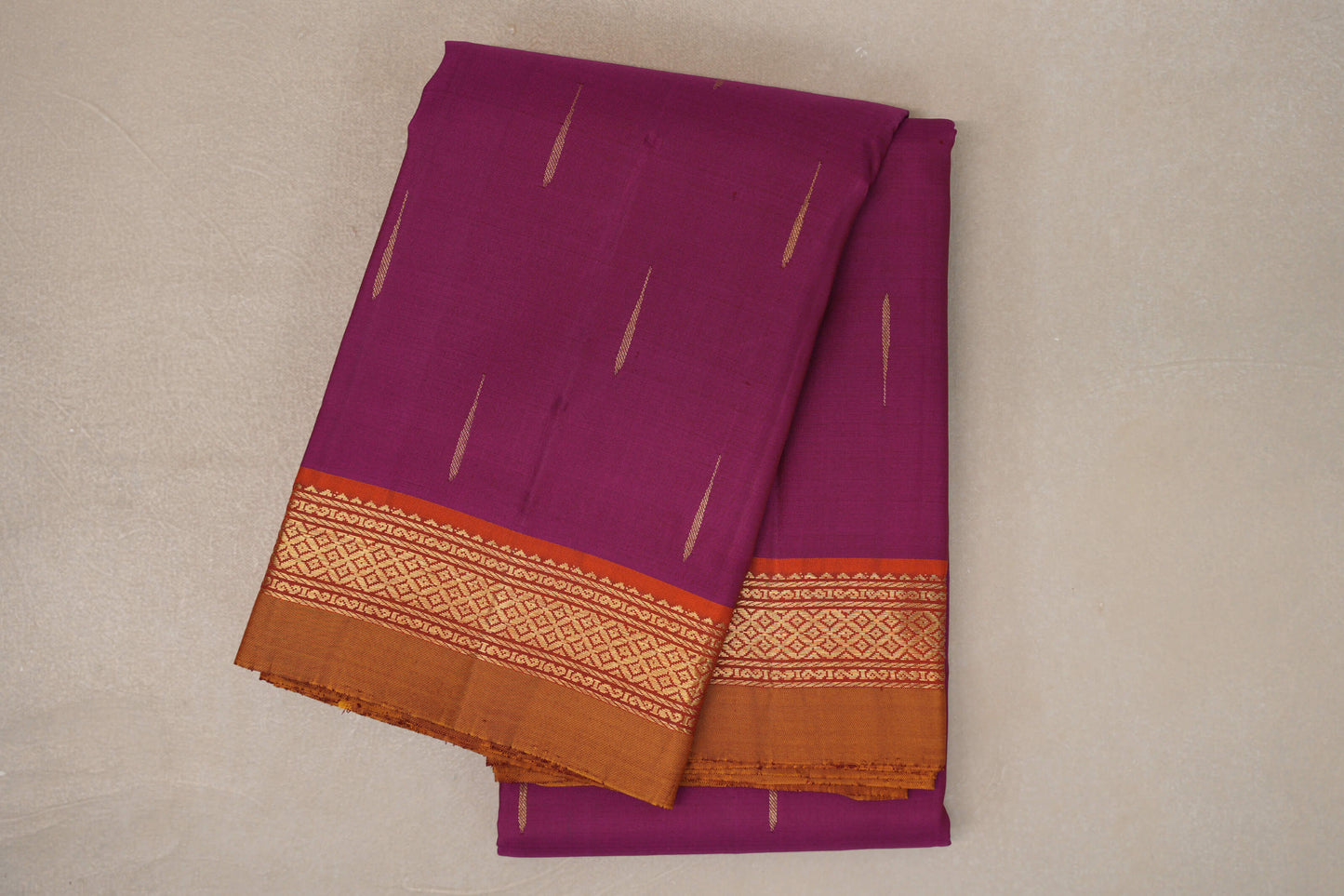 Magenta with Rust Orange & Mustard Selvedge Borders Vintage Kanjivaram Silk Saree