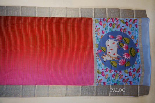 Dual Tone Deep Pink and Rust with Light Sky Blue Borders Mysore Silk Saree  paloo