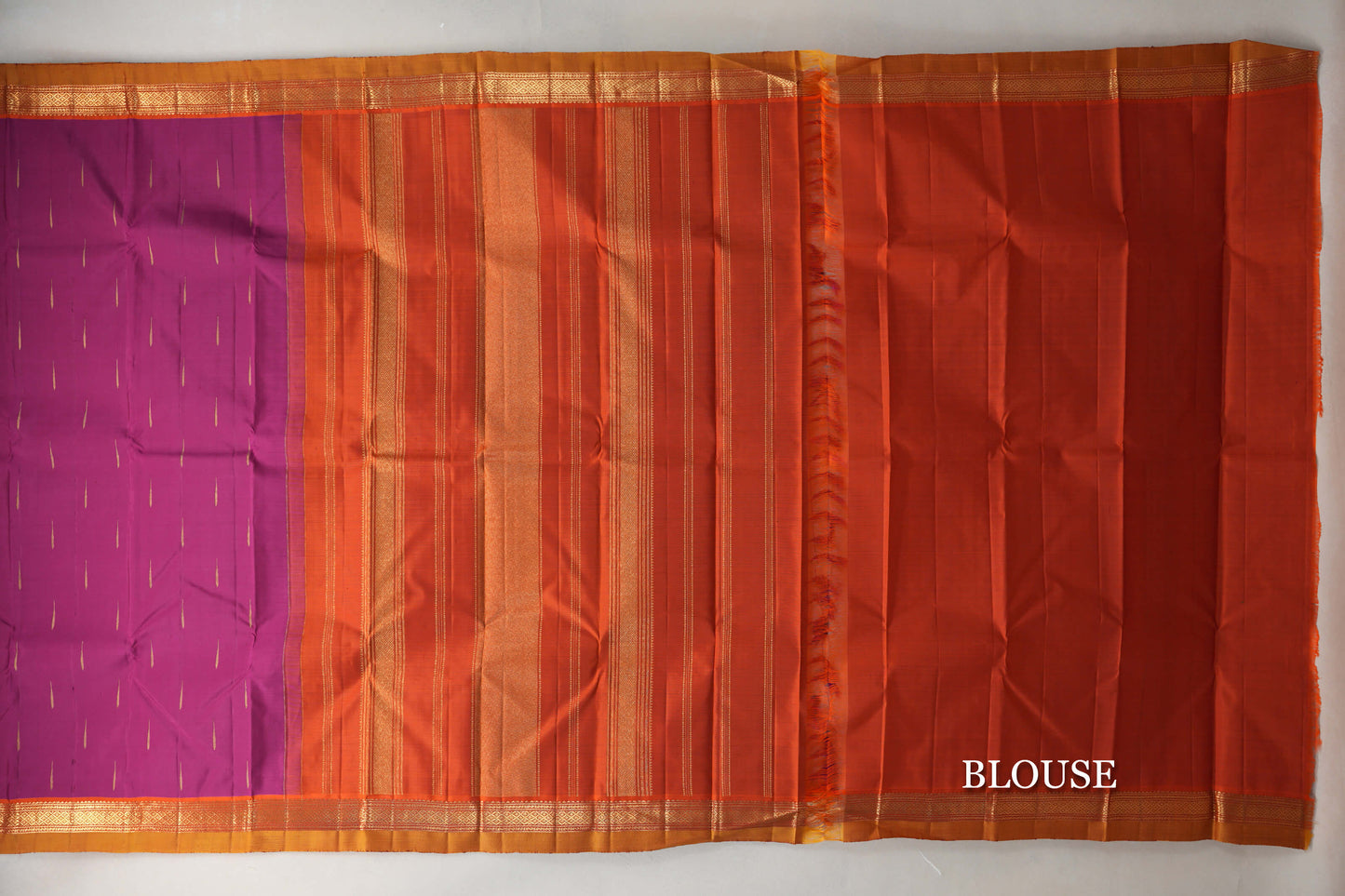 Magenta with Rust Orange & Mustard Selvedge Borders Vintage Kanjivaram Silk Saree blouse