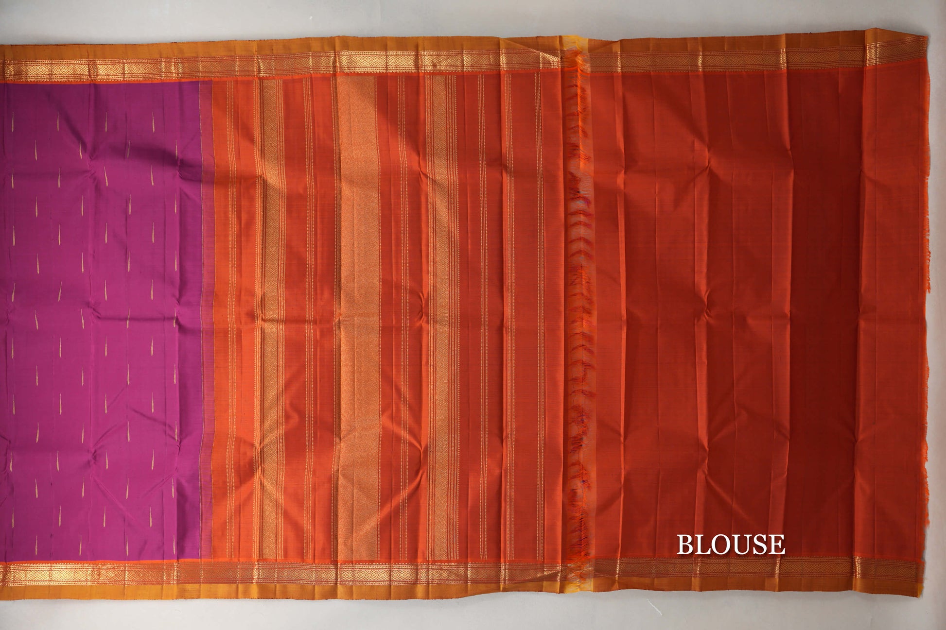 Magenta with Rust Orange & Mustard Selvedge Borders Vintage Kanjivaram Silk Saree blouse