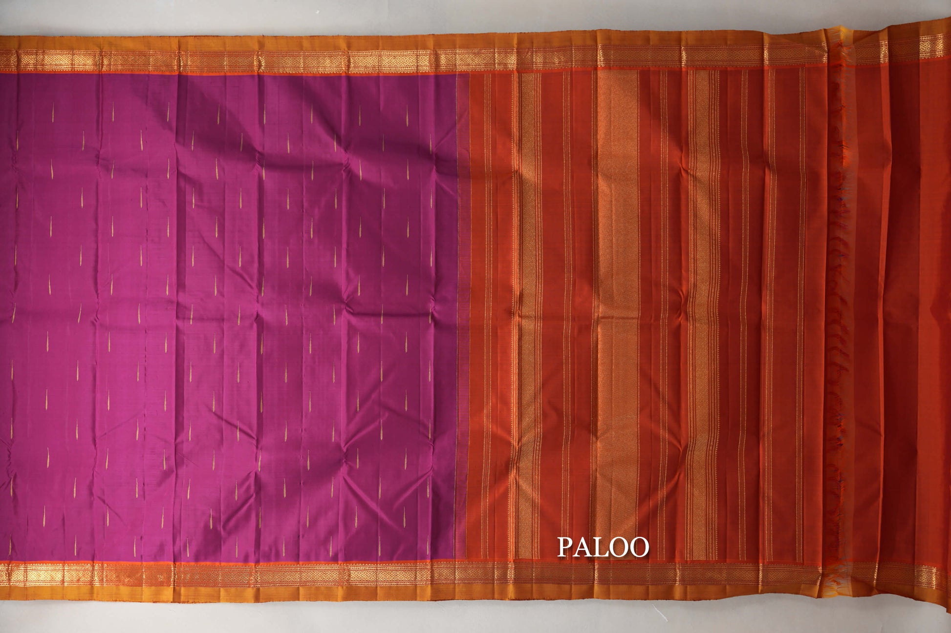 Magenta with Rust Orange & Mustard Selvedge Borders Vintage Kanjivaram Silk Saree paloo