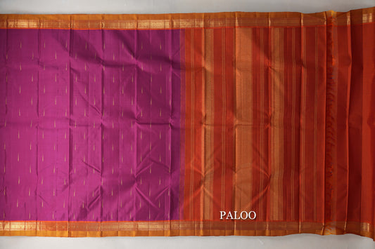 Magenta with Rust Orange & Mustard Selvedge Borders Vintage Kanjivaram Silk Saree paloo