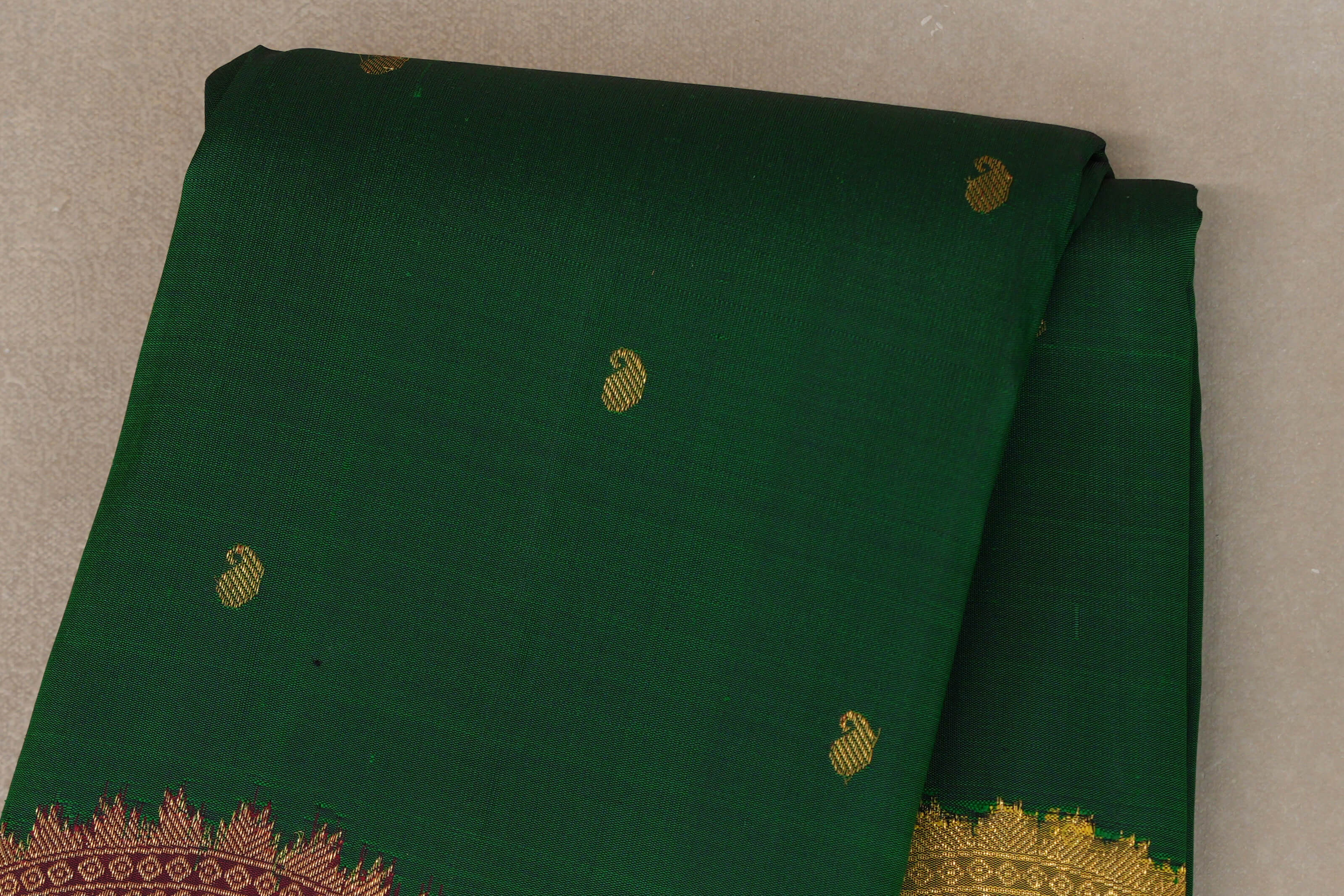 Forest Green with Deep Reddish Pink / Olive Green Borders Vintage Kanjivaram Silk Saree body