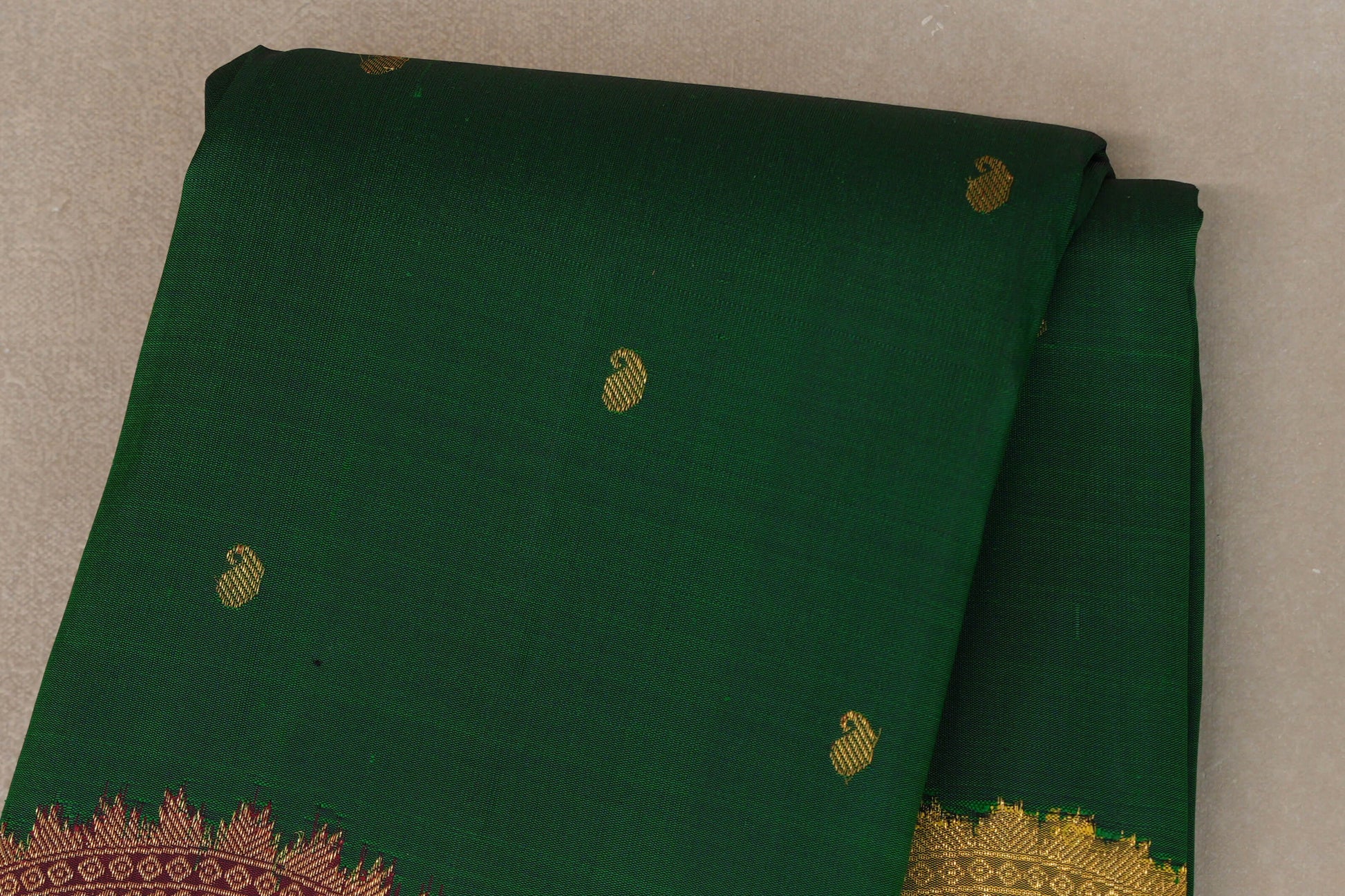 Forest Green with Deep Reddish Pink / Olive Green Borders Vintage Kanjivaram Silk Saree body