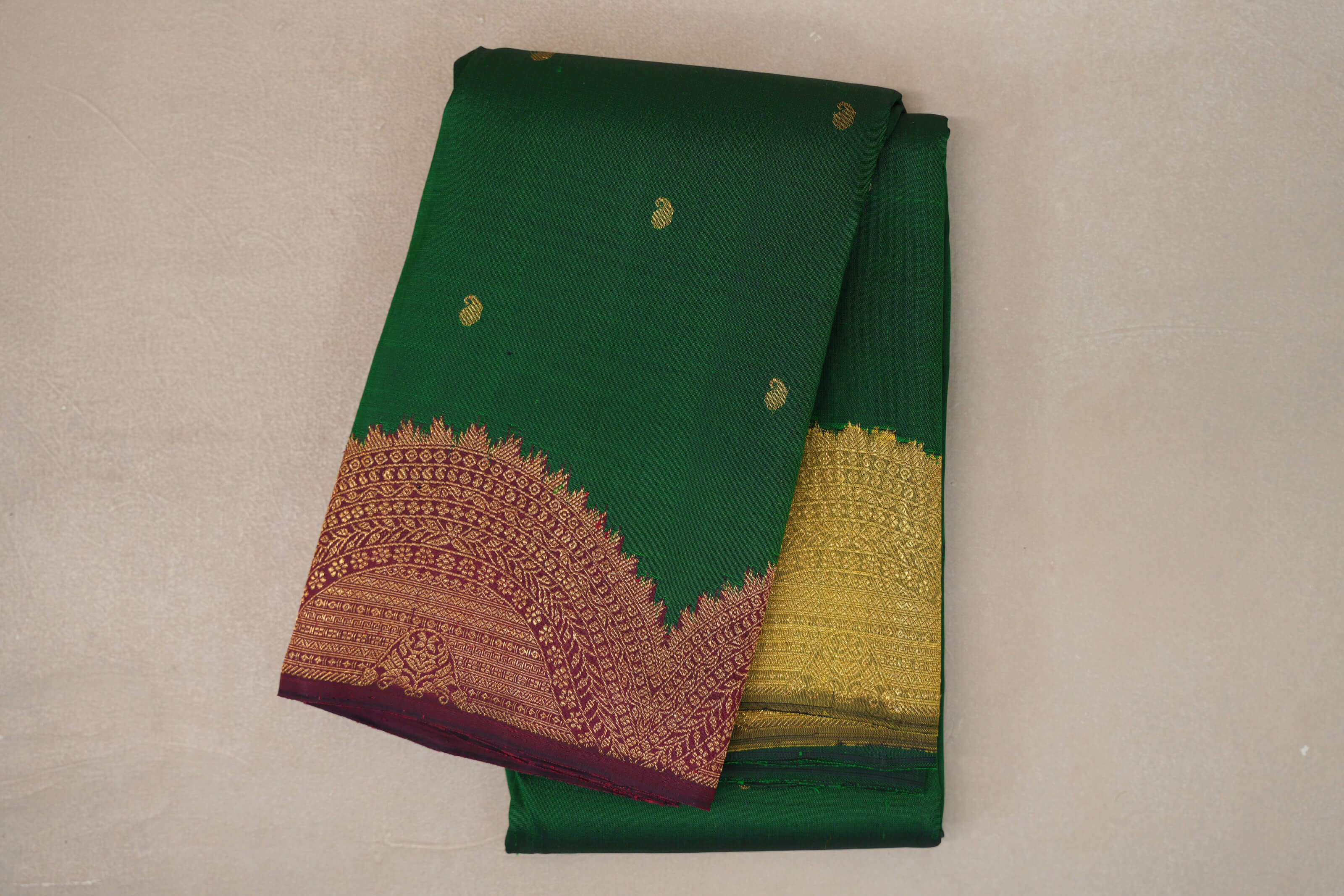 Forest Green with Deep Reddish Pink / Olive Green Borders Vintage Kanjivaram Silk Saree