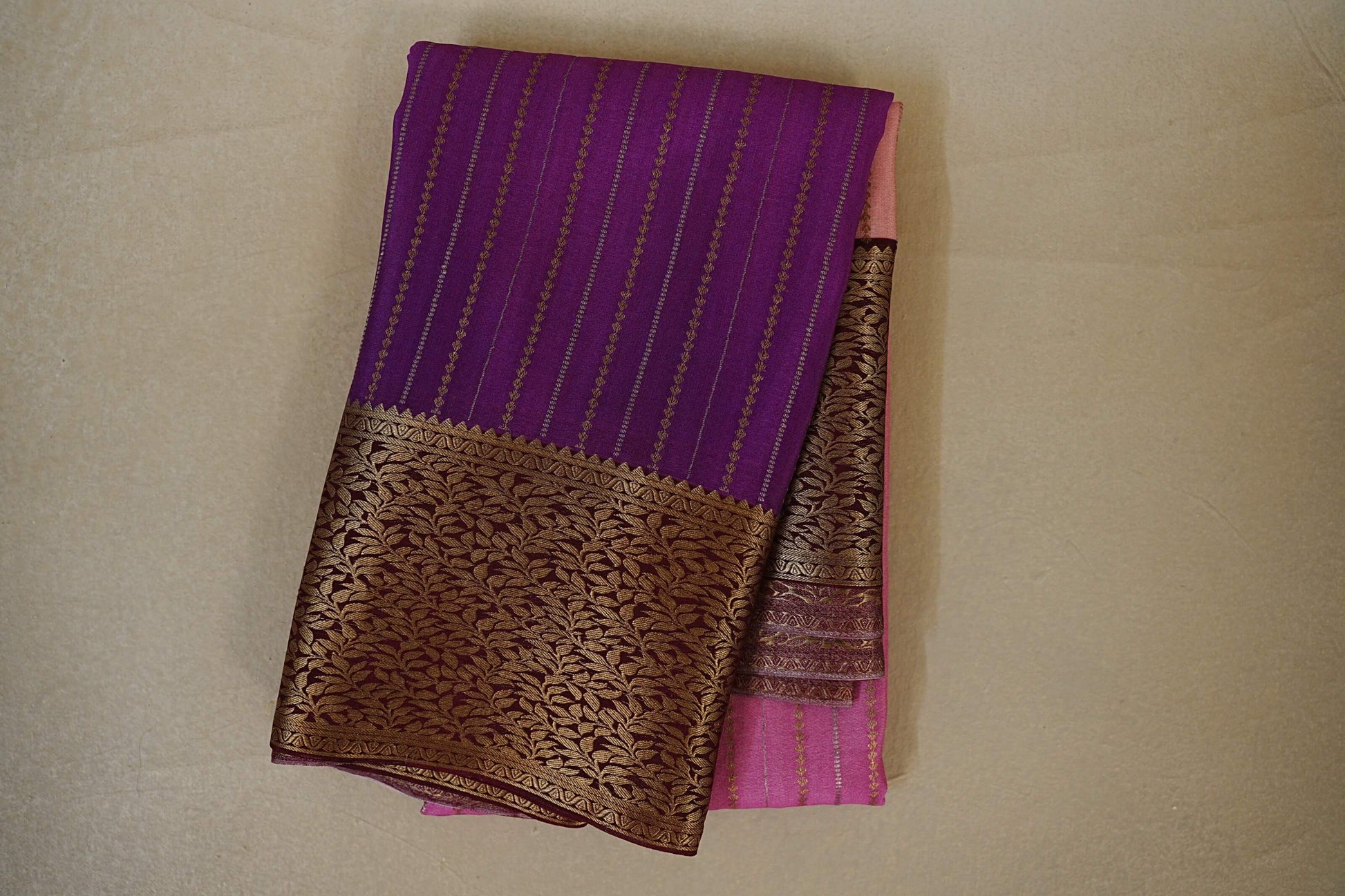 folded Dual Tone Purple and Baby Pink Mysore Silk Saree