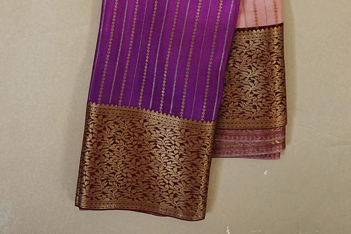 Dual Tone Purple and Baby Pink Mysore Silk Saree border zoom
