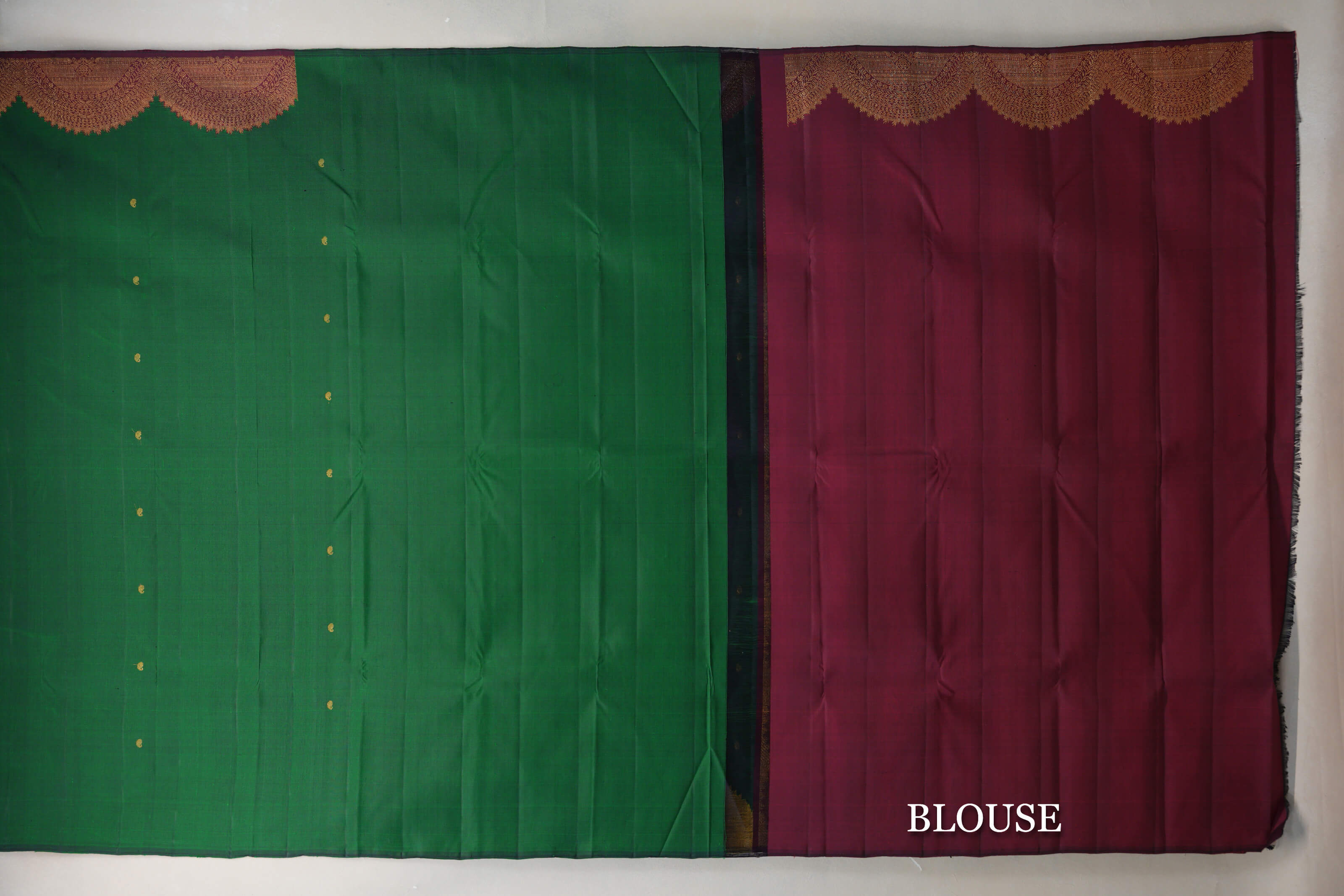 Forest Green with Deep Reddish Pink / Olive Green Borders Vintage Kanjivaram Silk Saree blouse