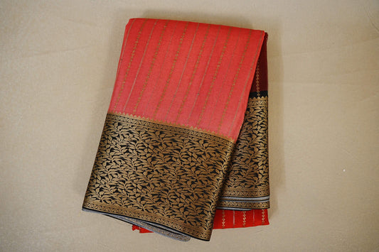 folded Dual Tone Deep Pink and Rust with Black Borders Mysore Silk Saree