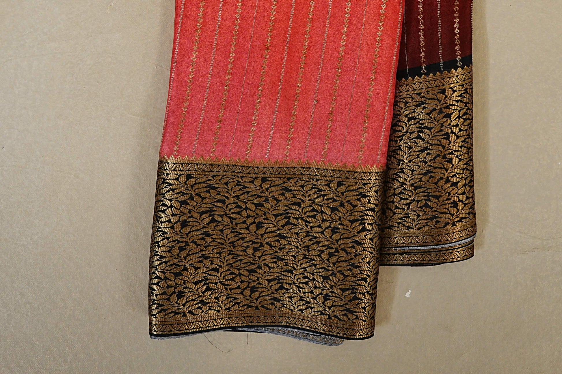 Dual Tone Deep Pink and Rust with Black Borders Mysore Silk Saree borders zoom