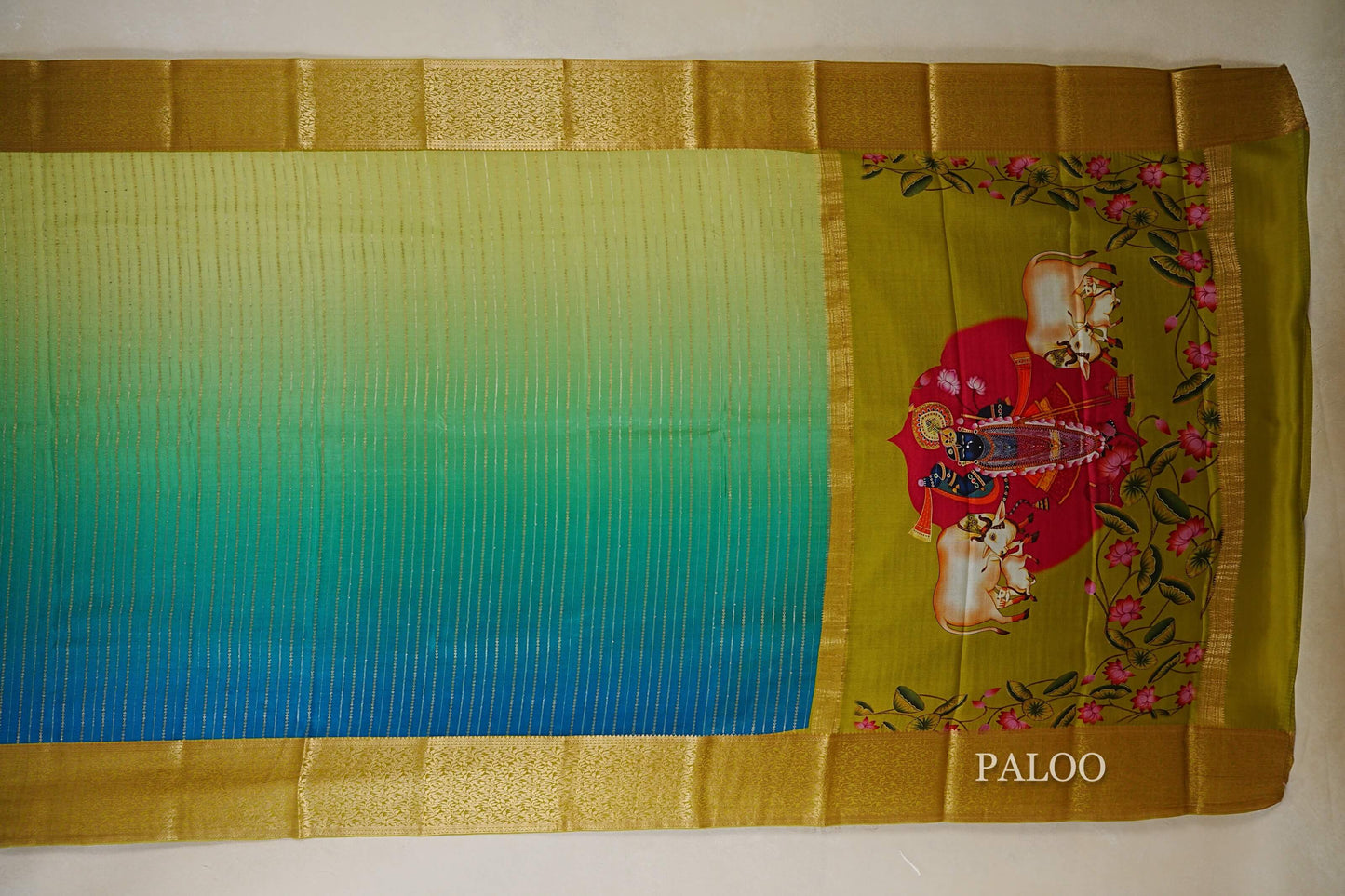 Dual Tone Green and Blue with Yellowish Green Borders Mysore Silk Saree paloo